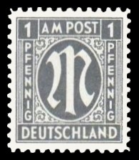 1 Rpf Briefmarke: M-Serie, Alliierte Militärpost, deutscher Druck (weit gezähnt)
