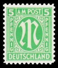 5 Rpf Briefmarke: M-Serie, Alliierte Militärpost, deutscher Druck (weit gezähnt)