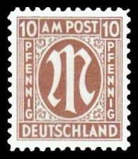 10 Rpf Briefmarke: M-Serie, Alliierte Militärpost, deutscher Druck (weit gezähnt)