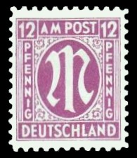 12 Rpf Briefmarke: M-Serie, Alliierte Militärpost, deutscher Druck (weit gezähnt)