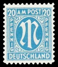 20 Rpf Briefmarke: M-Serie, Alliierte Militärpost, deutscher Druck (weit gezähnt)