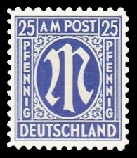 25 Rpf Briefmarke: M-Serie, Alliierte Militärpost, deutscher Druck (weit gezähnt)