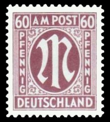 60 Rpf Briefmarke: M-Serie, Alliierte Militärpost, deutscher Druck (weit gezähnt)