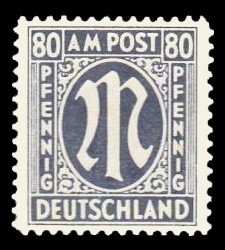 80 Rpf Briefmarke: M-Serie, Alliierte Militärpost, deutscher Druck (weit gezähnt)