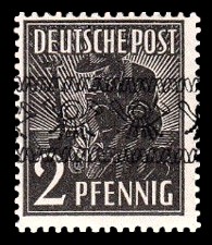 2 Pf Briefmarke: Freimarken II. Kontrollratsausgabe, Pflanzer - mit sw. Bdr.-Aufdruck: Posthörnchen bandförmig