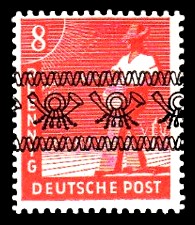 8 Pf Briefmarke: Freimarken II. Kontrollratsausgabe, Sämann - mit sw. Bdr.-Aufdruck: Posthörnchen bandförmig