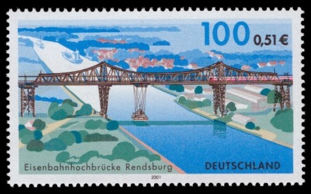 100 Pf / 0,51 € Briefmarke: Eisenbahnhochbrücke Rendsburg
