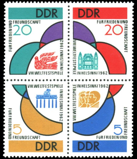 20 / 20 / 5 / 5 Pf Briefmarke: Viererblock: VIII. Weltfestspiele in Helsinki 1962