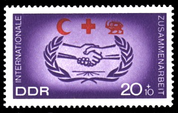 20 + 10 Pf Briefmarke: Popularisierung des Blutspendewesens, der internationalen Zusammenarbeit und der Gesundheitserziehung