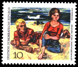 10 Pf Briefmarke: Dresdner Gemäldegalerie, Paar am Strand
