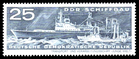 25 Pf Briefmarke: DDR-Schiffbau, Transport- und Verarbeitungsschiff