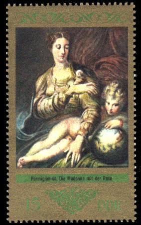 15 Pf Briefmarke: Dresdner Gemäldegalerie Alte Meister, Die Madonna mit der Rose