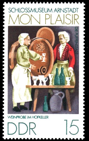 15 Pf Briefmarke: Mon plaisir, Schloßmuseum Arnstadt, Weinprobe