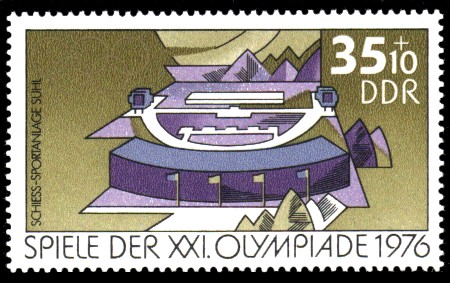 35 + 10 Pf Briefmarke: Spiele der XXI.Olympiade 1976, Schiess-Sportanlage Suhl
