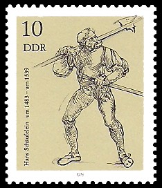 10 Pf Briefmarke: Zeichnungen aus dem Kupferstichkabinett, Landsknecht