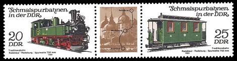  Briefmarke: Dreierstreifen A - Schmalspurbahnen in der DDR, Radebeul-Radeburg