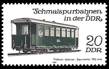 20 Pf Briefmarke: Schmalspurbahnen in der DDR, Personenwagen Putbus-Göhren