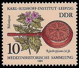 10 Pf Briefmarke: Medizinhistorische Sammlung - Karl-Sudhoff-Institut Leipzig, Bilsenkraut u Räucherpfanne