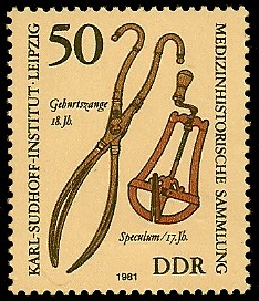 50 Pf Briefmarke: Medizinhistorische Sammlung, Karl-Sudhoff-Institut Leipzig, Geburtszange