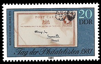 20 Pf Briefmarke: Tag der Philatelisten 1981, Karte v Karl Marx