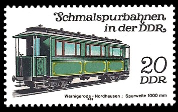 20 Pf Briefmarke: Schmalspurbahnen in der DDR, Personenwagen Wernigerode-Nordhausen