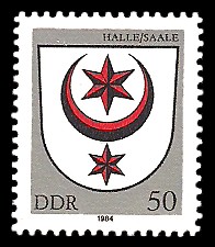 50 Pf Briefmarke: Stadtwappen von Halle / Saale