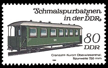 80 Pf Briefmarke: Schmalspurbahnen in der DDR, Personenwagen Cranzahl-Oberwiesenthal