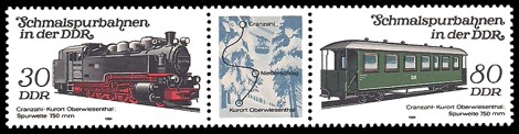  Briefmarke: Dreierstreifen A - Schmalspurbahnen in der DDR, Cranzahl-Oberwiesenthal