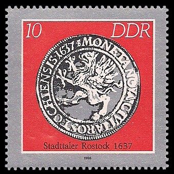 10 Pf Briefmarke: Historische Münzen, Stadttaler Rostock