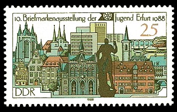 25 Pf Briefmarke: 10. Briefmarkenausstellung der Jugend Erfurt, Erfurt im Jahre 1988