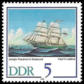 5 Pf Briefmarke: 500 Jahre Schiffer-Compagnie Stralsund, Segelschiffe, Adolph Friedrich