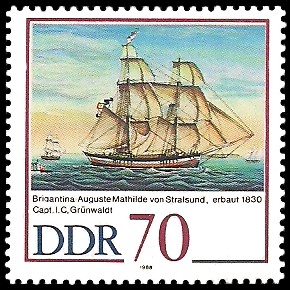 70 Pf Briefmarke: 500 Jahre Schiffer-Compagnie Stralsund, Segelschiffe, Auguste Mathilde