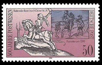 50 Pf Briefmarke: 500 Jahre Postwesen, Postreiter 16.Jh.