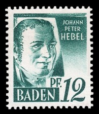 12 Rpf Briefmarke: Persönlichkeiten und Ansichten aus Baden I, J. P. Hebel