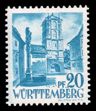 20 Rpf Briefmarke: Persönlichkeiten und Ansichten aus Württemberg-Hohenzollern I, Ravensburger Tor