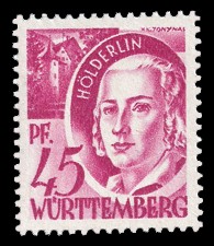 45 Rpf Briefmarke: Persönlichkeiten und Ansichten aus Württemberg-Hohenzollern I, Hölderlin