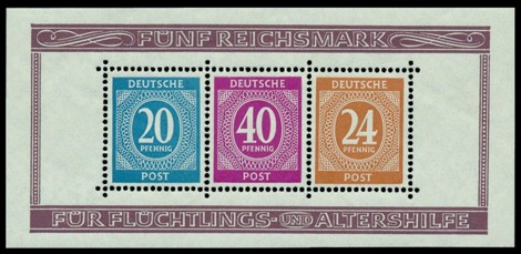 5 RM Briefmarke: Block gezähnt: Briefmarkenausstellung Berlin 1946