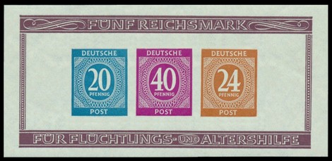 5 RM Briefmarke: Block geschnitten: Briefmarkenausstellung Berlin 1946