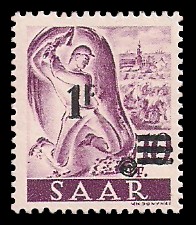 1 Fr auf 10 Pf Briefmarke: Saar II, Berufe und Ansichten aus dem Saarland