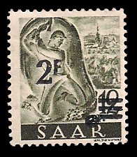 2 Fr auf 12 Pf Briefmarke: Saar II, Berufe und Ansichten aus dem Saarland