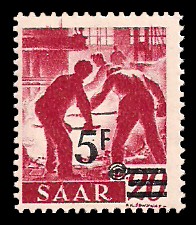 5 Fr auf 20 Pf Briefmarke: Saar II, Berufe und Ansichten aus dem Saarland
