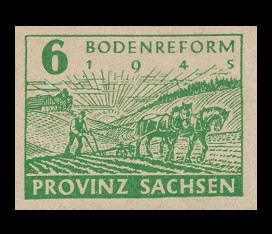 6 Pf Briefmarke: Bodenreform, Pflügender Bauer