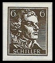 6 Pf Briefmarke: Wiederaufbau deutsches Nationaltheater Weimar, Schiller