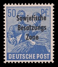 50 Pf Briefmarke: Freimarken II. Kontrollratsausgabe, Maurer und Bäuerin - mit Maschinenaufdruck ‘Sowjetische Besatzungs Zone’