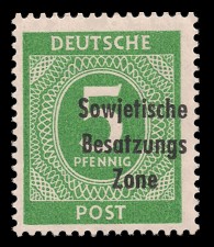 5 Pf Briefmarke: Freimarken I. Kontrollratsausgabe Ziffern, Ziffer 5 Pf - mit Maschinenaufdruck ‘Sowjetische Besatzungs Zone’