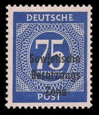 75 Pf Briefmarke: Freimarken I. Kontrollratsausgabe Ziffern, Ziffer 75 Pf - mit Maschinenaufdruck ‘Sowjetische Besatzungs Zone’